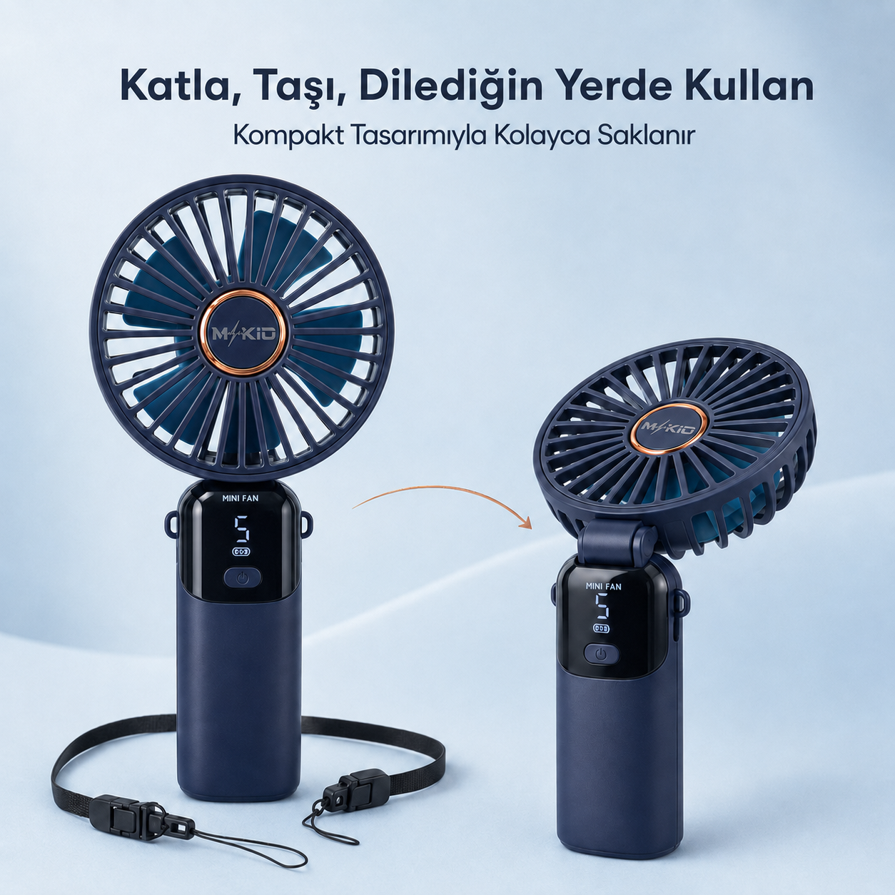 MKİO lacivert katlanabilir kompakt el fanı açık ve katlı kullanım