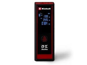 Einhell TC-LD 30 R lazer ölçüm cihazı ile beyaz küp üzerinde mesafe ölçümünün grafiksel gösterimi.