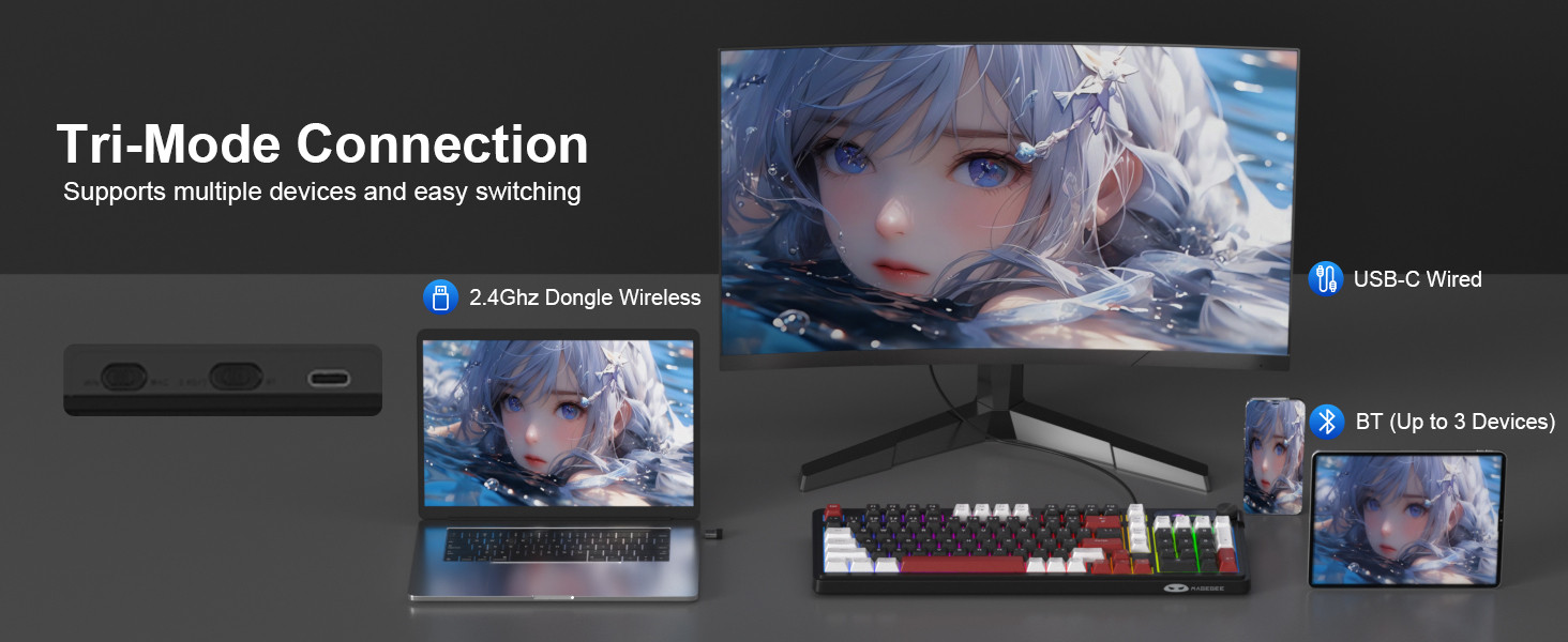 MageGee GK960 Tri-Mode RGB Membran Siyah-Bordo Gaming Klavye