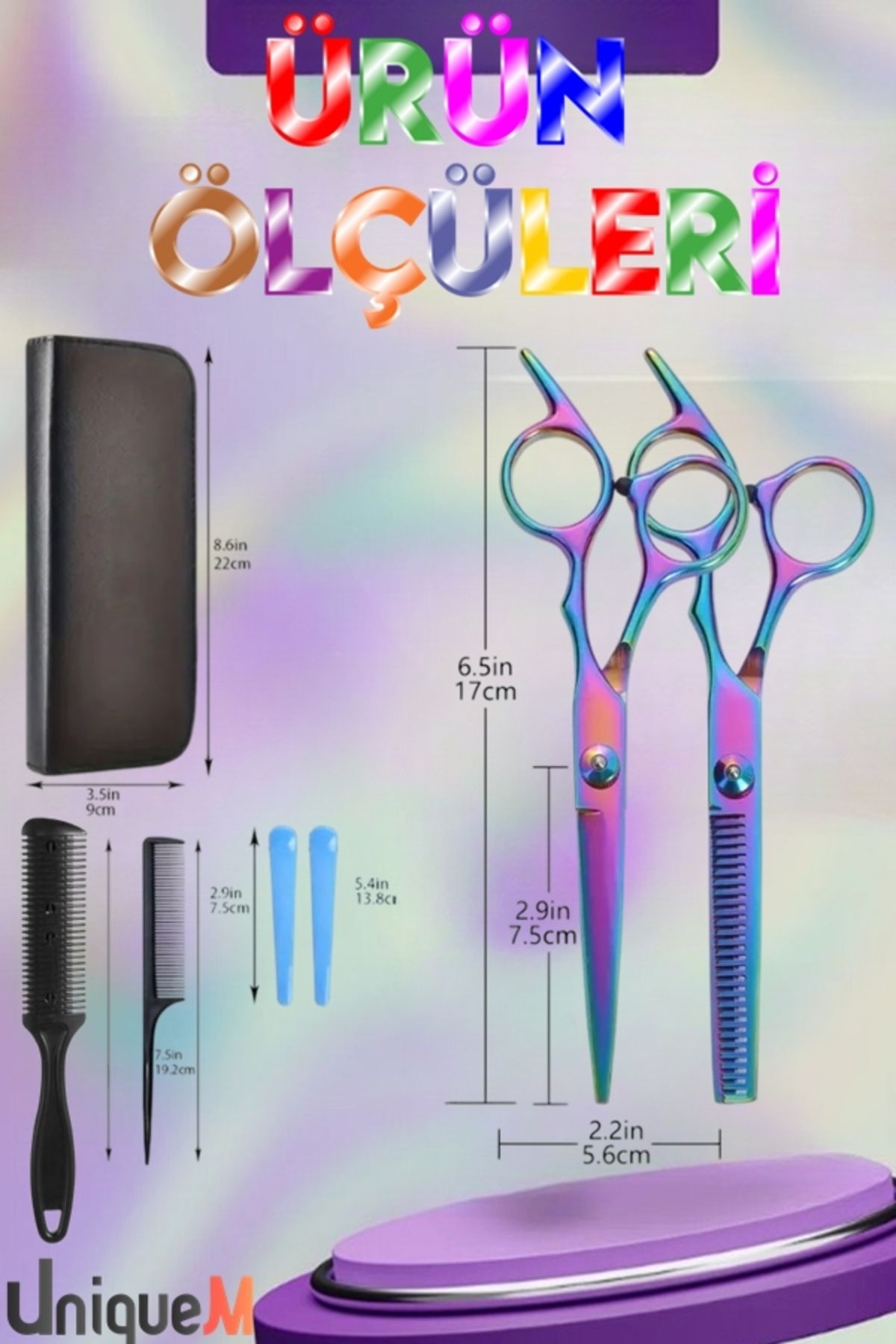 Uniquem 7 Parça Deri Çantalı Rainbow Saç Kesim Makas Seti 6.5 Inch 17cm XLQU501CNTSET