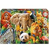 Metin "Resim 7" dir. Yapboz kutusu "Educa 500" doğal ortamda filler, zebralar, panda, aslanlar ve diğer hayvanlardan oluşan bir hayvan kolajı.