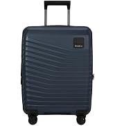 Birden fazla görüş açısından gösterilen yatay dalga desenli deniz mavisi sert kabuklu bagaj. Teleskopik bir sap ve modern estetiğe sahip döner tekerleklere sahiptir.