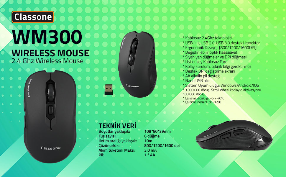 Classone; Classone WM300 Kablosuz Mouse;Mouse;Wireless Mouse
