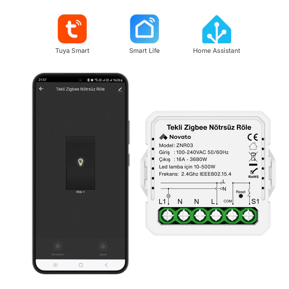 ZNR03 nötrsüz tek çıkışlı Zigbee röle ve Smart Life uygulama ekranı, Tuya Smart, Smart Life ve Home Assistant logoları
