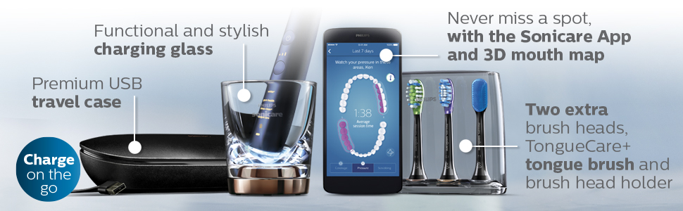 six extra brush heads premium usb travel case charging glass sonicare app