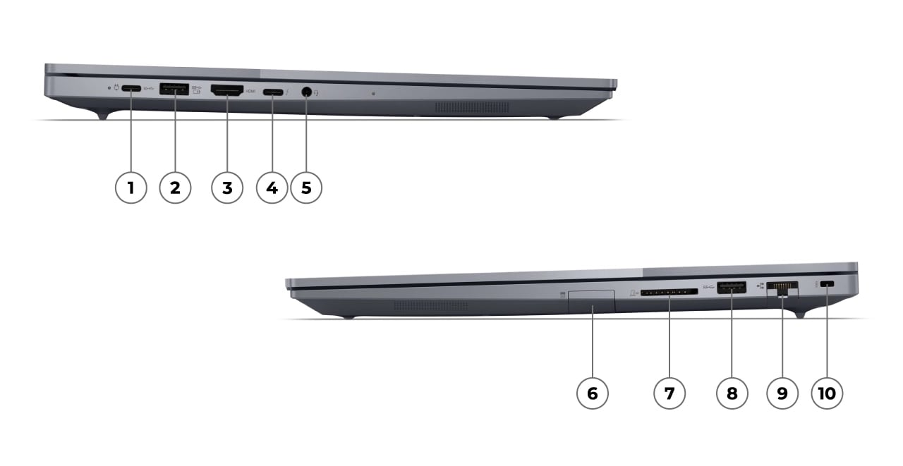 İki Lenovo ThinkBook 16 Gen 7 (16 inç AMD) dizüstü bilgisayarı kapalı olarak gösteren resim, ilkinde 1-5 arası etiketlenmiş sol bağlantı noktaları, ikincisinde ise 6-10 arası etiketlenmiş sağ bağlantı noktaları görülmektedir.