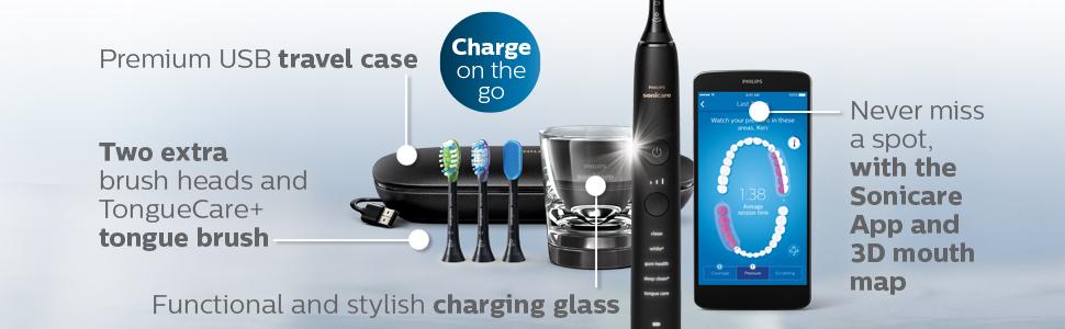 Shows 3 brush heads, charging case and glass, black brush head handle and app