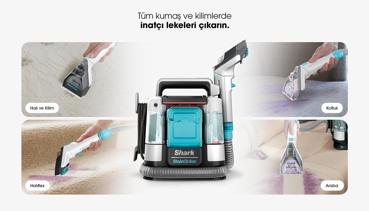 Halı, koltuk, halıflex ve araba temizleme aparatlarıyla Shark StainStriker leke çıkarıcı cihazı.
