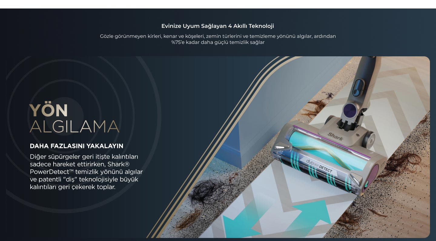 Gri Shark DuoDetect elektrikli süpürge, halı üzerinde pislikleri temizliyor. Sol tarafta ürün bilgileri yer alıyor.