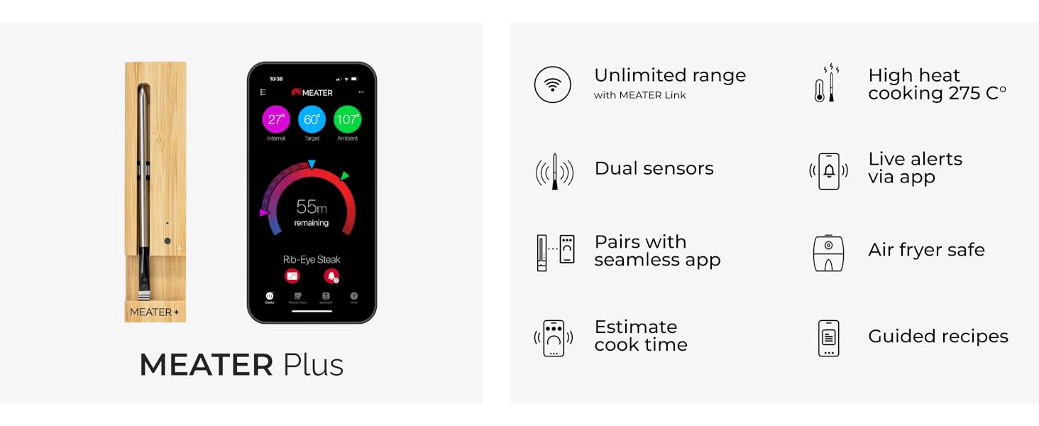 Akıllı telefon uygulamasıyla MEATER Plus akıllı et termometresi. Sınırsız menzil, yüksek ısı direnci, çift sensör ve rehberli pişirme tarifleri gibi özellikleri bulunur.