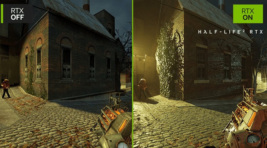 RTX OFF ve RTX ON özelliklerinin karşılaştırmalı görseli, Half-Life Alyx oyununda RTX teknolojisinin performans ve görsel kalite farklarını gösterir, AMD ve NVIDIA ekran kartlarıyla uyumlu, yüksek çözünürlükte detaylar içerir.