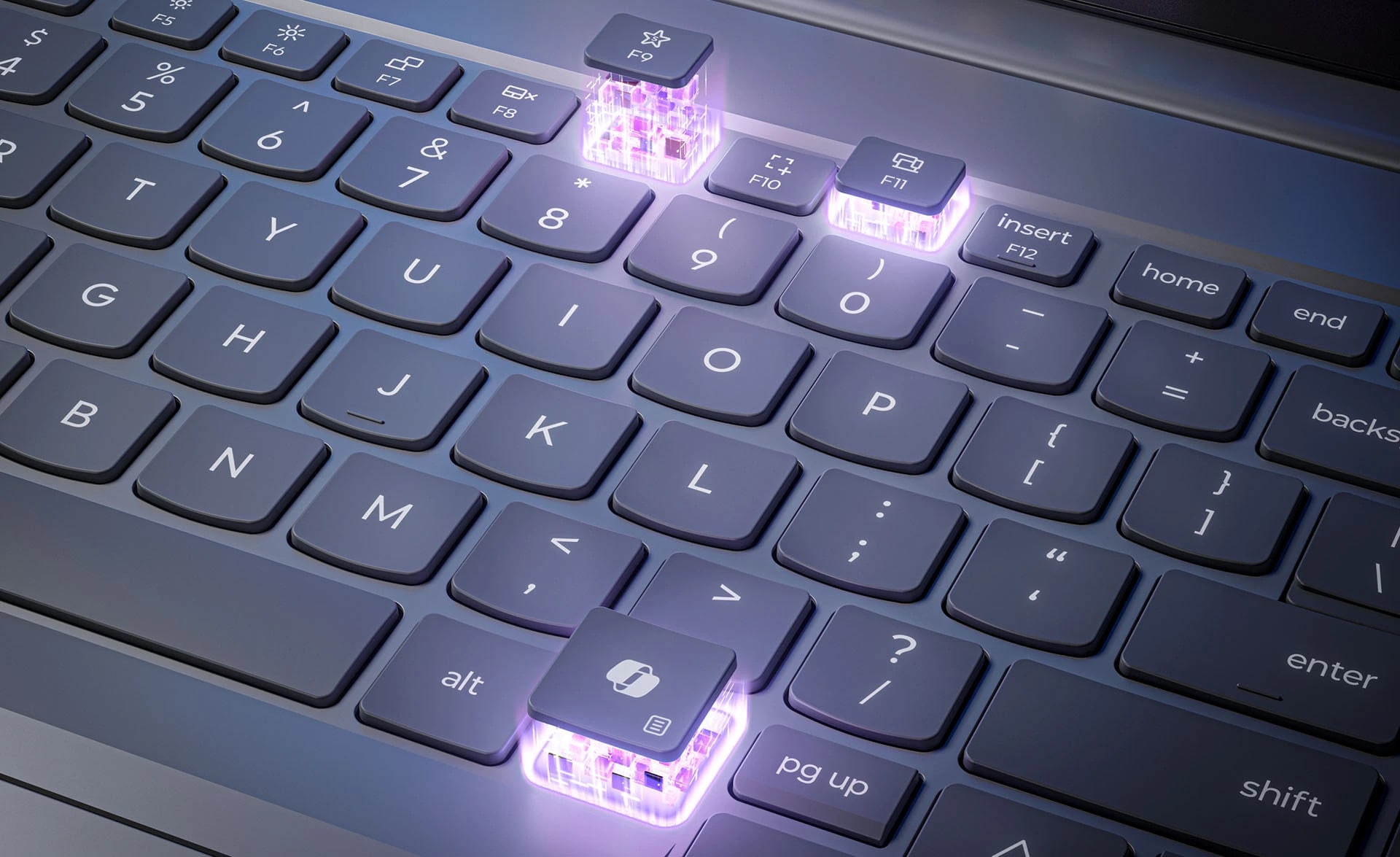 Lenovo ThinkBook 16 Gen 7 (16 inç AMD) dizüstü bilgisayarın klavyesinin yakından görünümü, belirli F9, F11 ve özel Windows Copilot tuşlarının arkadan aydınlatmayı gösteren bir parıltıyla çıktığını göstermektedir.