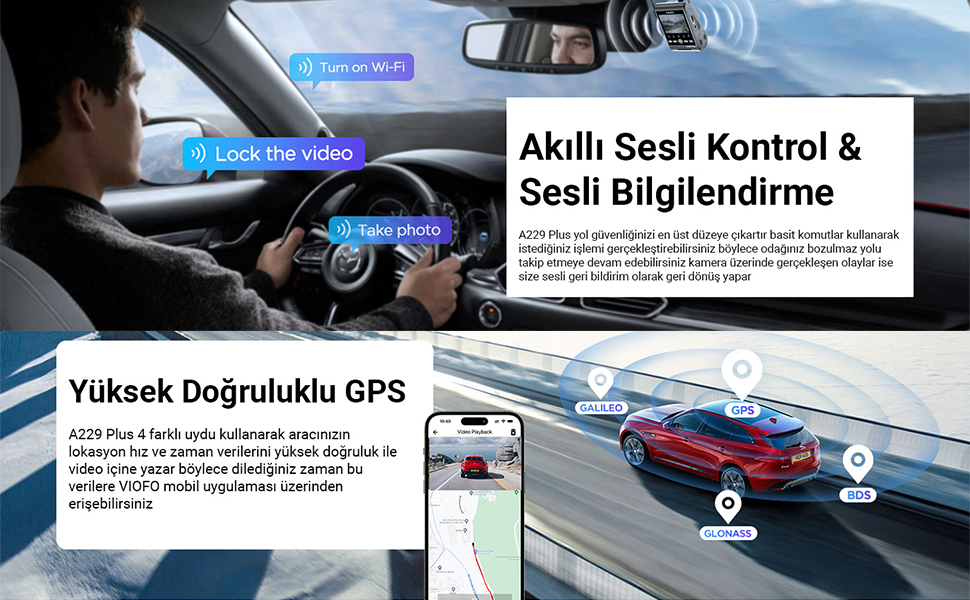 Viofo araç kamerası, A229 plus, GPS,Sesli bildirim, Sesli kontrol