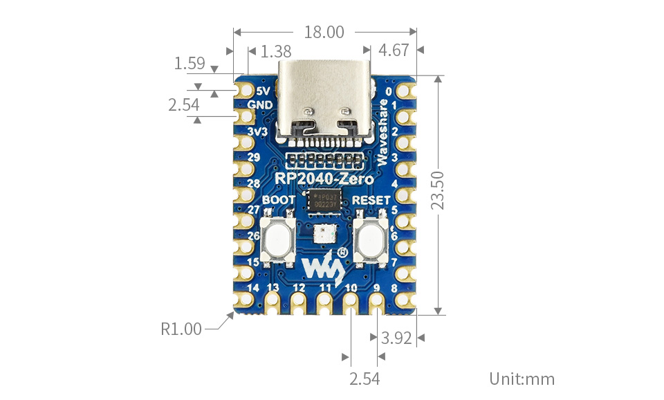 Waveshare RP2040-Zero mekanik ölçü çizimi