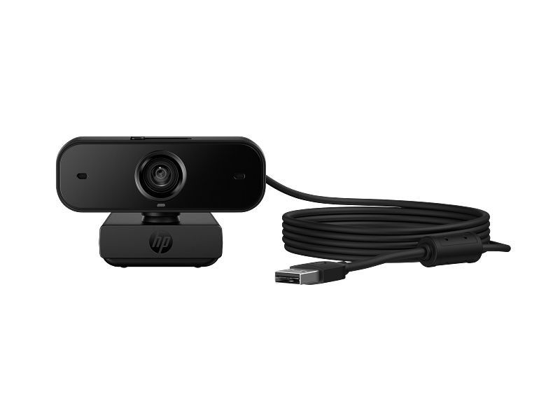 HP 435 FHD Webcam JetBlack ShutterOpen CableCoiled CoreSet Front WhiteBG