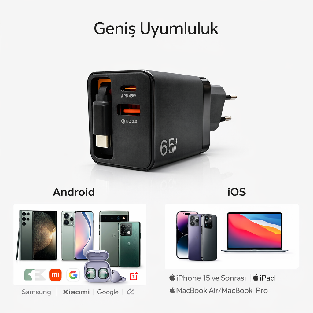 Yk Desing 65W Süper Hızlı Şarj Adaptörü Pd 45W + Qc 3.0 Fiyatı