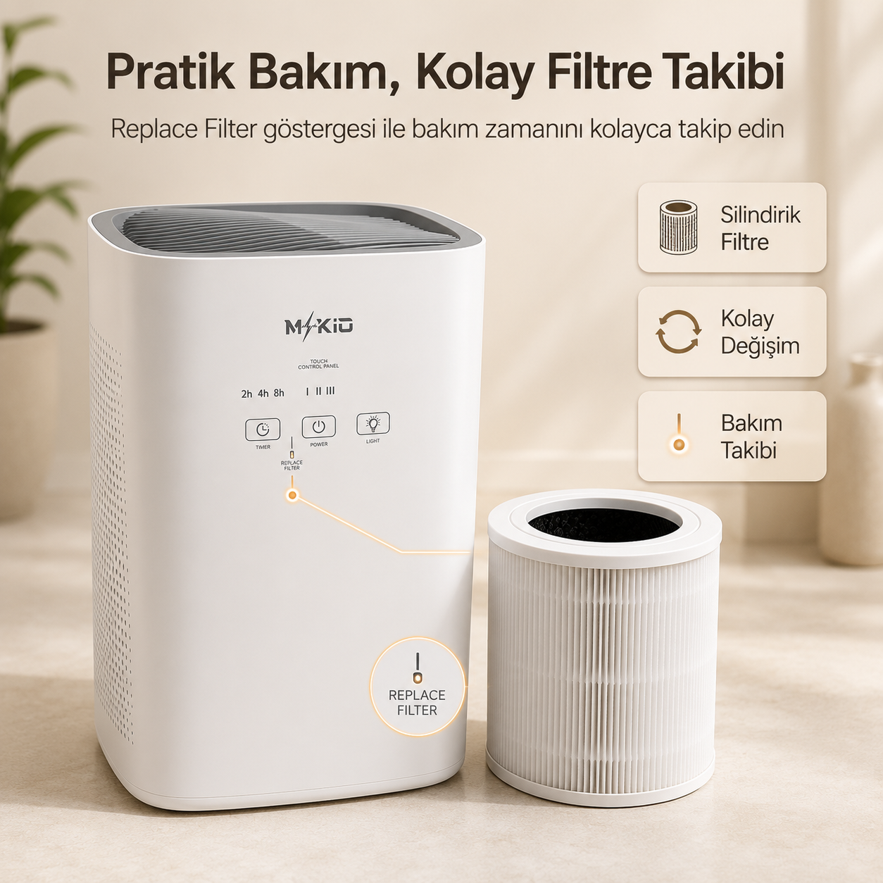 MKİO hava temizleme cihazı filtre değişim göstergesi, kolay bakım ve silindirik filtre