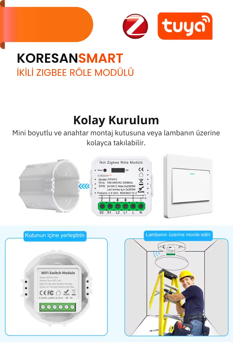 Mini İkili Zigbee Tuya Röle Anahtar Modülü + RF Alıcılı