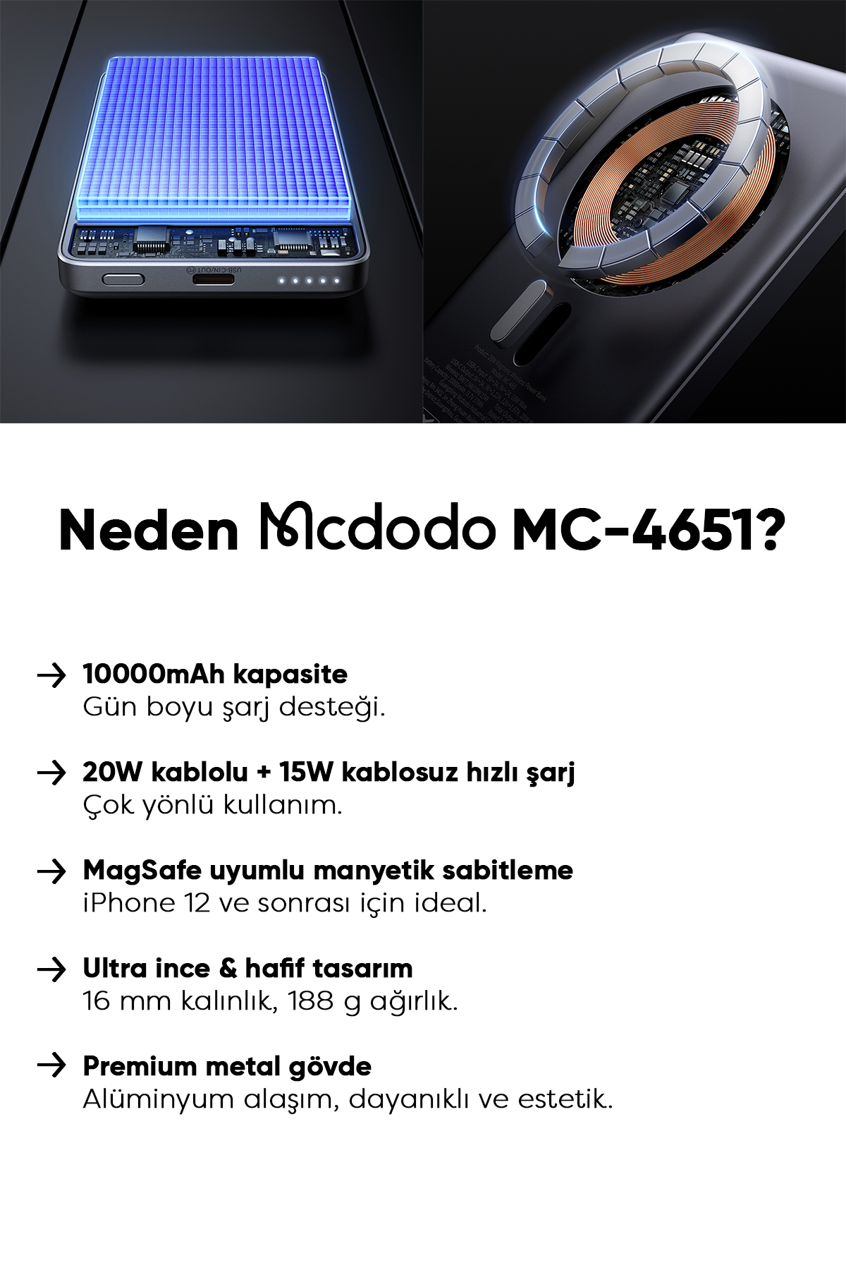 MC-4651 10000mAh 20W Metal Ultra İnce Manyetik Kablosuz Powerbank - Siyah Afişi