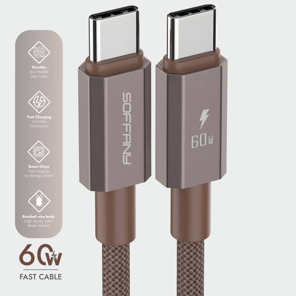 60W Type-C to Type-C Şarj & Data Kablosu Kahverengi - 1