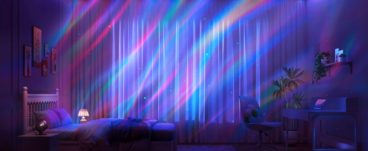 Bedroom with colorful LED light strips creating vibrant blue, purple, and pink streaks across the scene. Furniture silhouettes visible in the ambient glow.