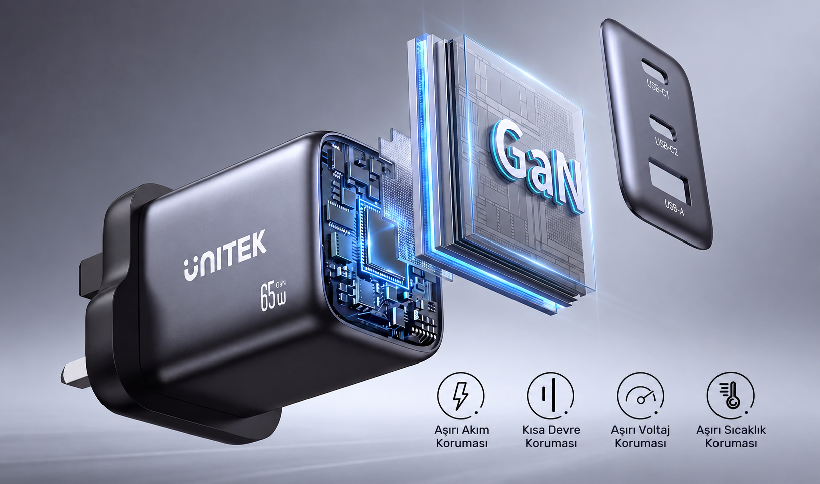 Unitek Zeno 65W 3 Portlu GaN Şarj Cihazı