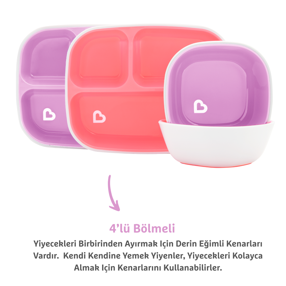 Munchkin® Splash™ 4'lü Bölmeli Tabak ve 2li Kase Seti 6AY+ Pembe/mor görsel