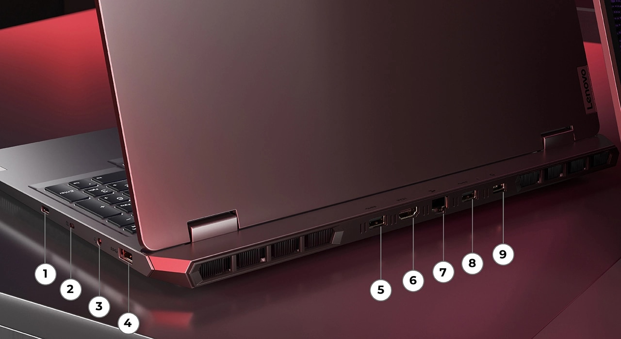 Lenovo LOQ 15ARP9'un 1'den 9'a kadar numaralandırılmış bağlantı noktaları ile yandan arka görünümü