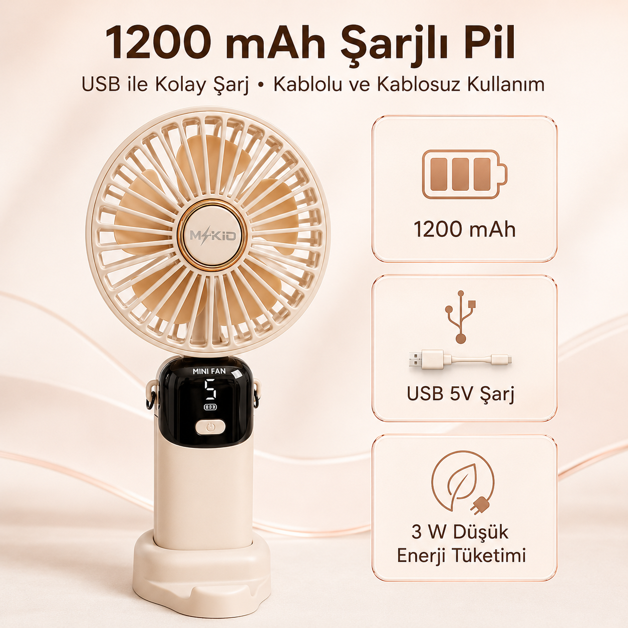 MKİO bej 1200 mAh batarya USB 5V şarj ve 3 watt güç