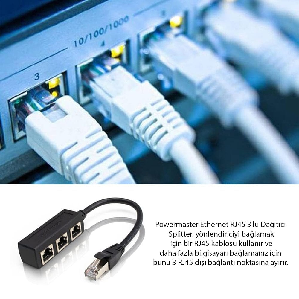 Powermaster PM-25007 Ethernet RJ45 3'lü Dağıtıcı Splitter