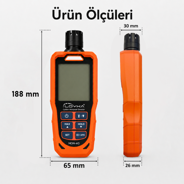 MON-40 karbonmonoksit ölçerin 188 x 65 x 30 mm boyutları