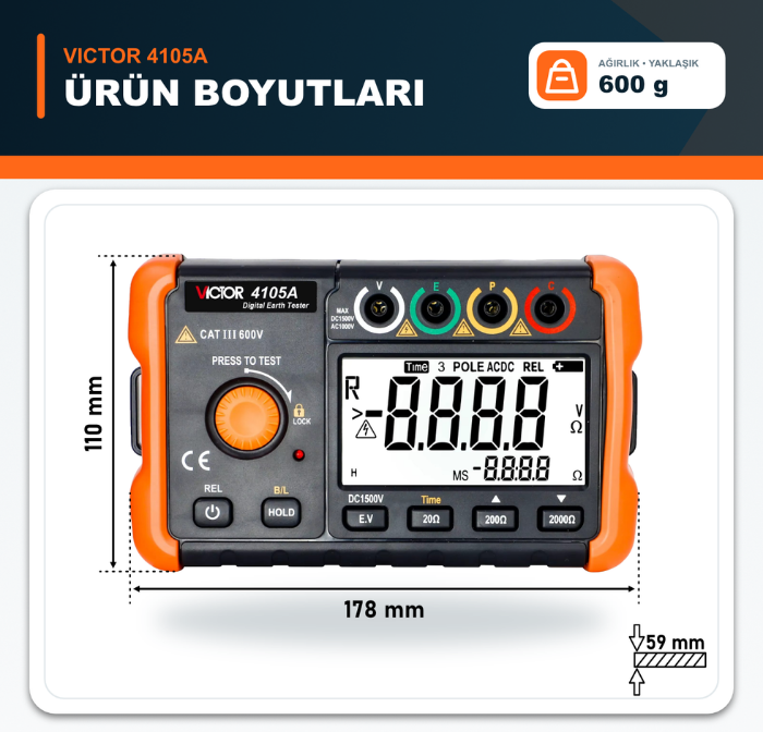 Victor 4105A topraklama direnci ölçer boyutları