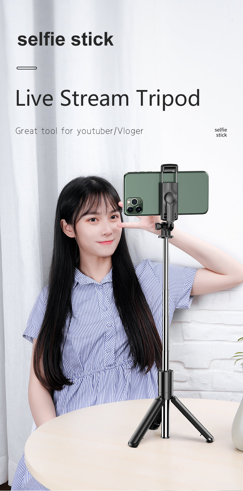 S03 Sökülebilir klips 360 Derece Dönen Kablosuz Taşınabilir Cep Telefonu İçin Selfie Çubuğu Tripod