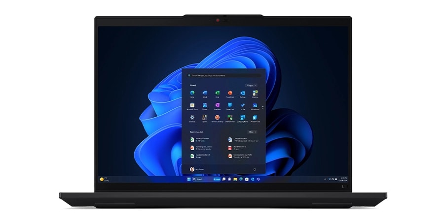 Ön yüzü görünür şekilde, ana ekranı açık olan Lenovo ThinkPad L14 Gen 5 dizüstü bilgisayar.