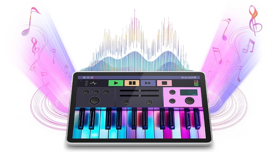 Lenovo Tab, ekranın ötesine uzanan müzik notaları ve ses dalgaları ile renkli bir sanal piyano uygulaması sergiliyor.