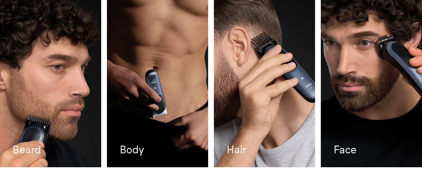 Braun All-in-One Trimmer Series 7 in use on beard, nody, hair, and face.