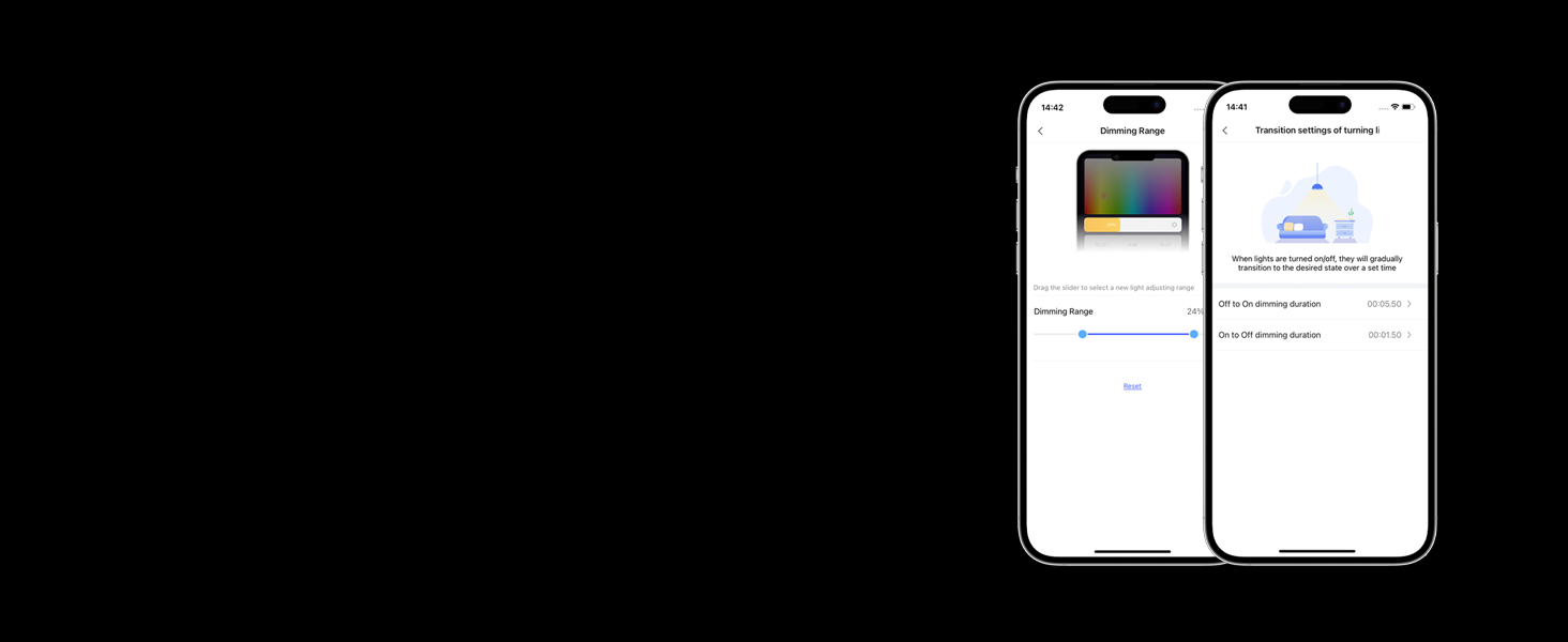 Renk seçici arayüzü ve ışık ayarlamaları içeren ayarlar menüsünü gösteren iki akıllı telefon ekranı.