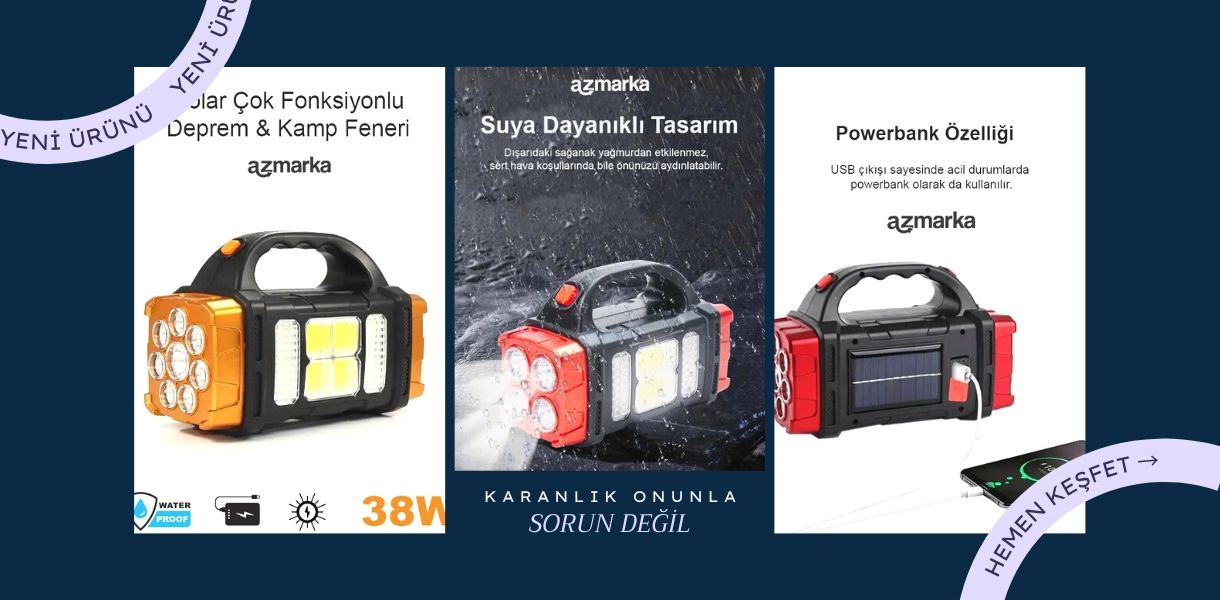 Azmarka Güneş Enerjili Çok Fonksiyonlu Şarjlı LED Deprem ve Kamp Feneri