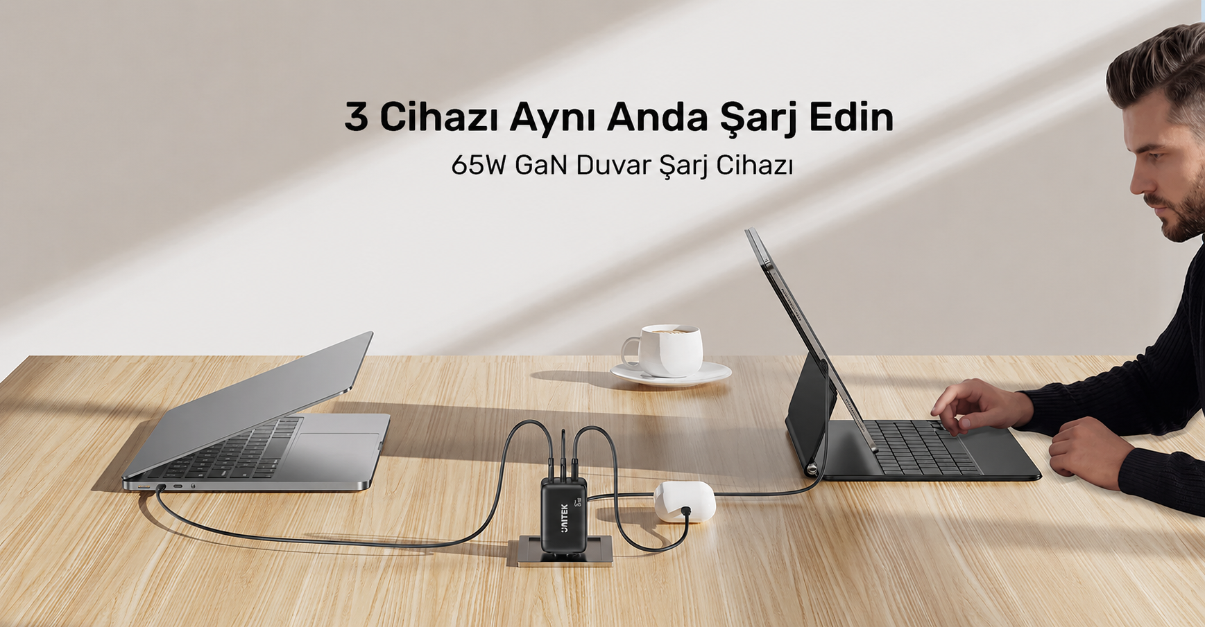 Unitek Zeno 65W 3 Portlu GaN Şarj Cihazı