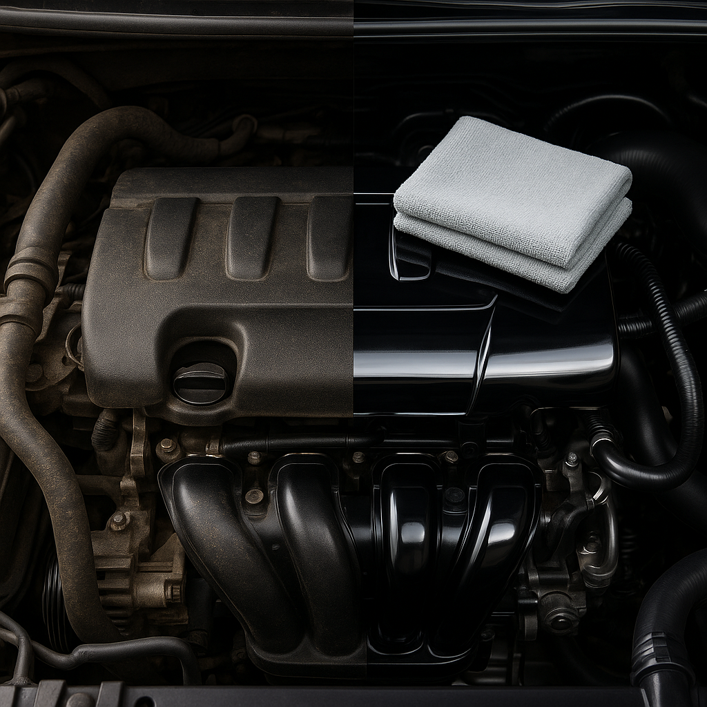 Su kullanmadan Altınoran sprey ile temizlenen parlak motor detayı