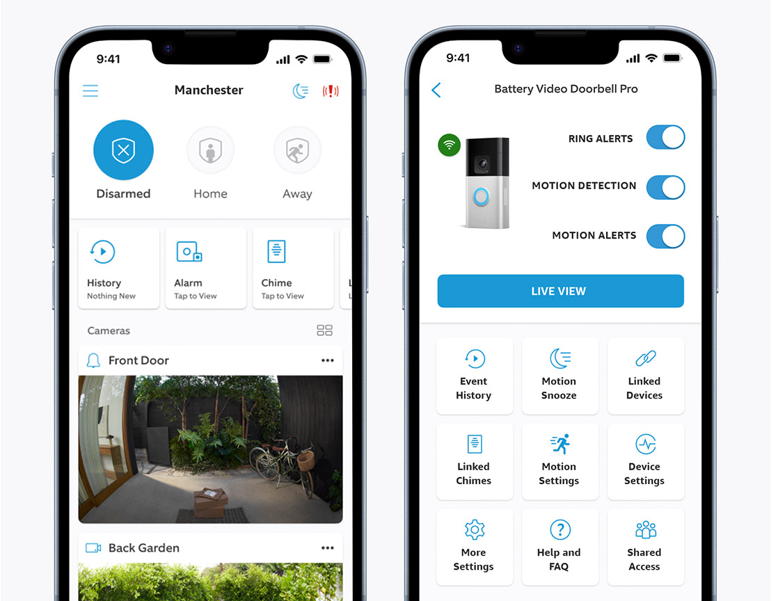 Ring uygulamasını gösteren iki akıllı telefon ekranı: biri mülkün etrafındaki kameraların canlı görüntülerini, diğeri kamera kurulumunu gösteriyor