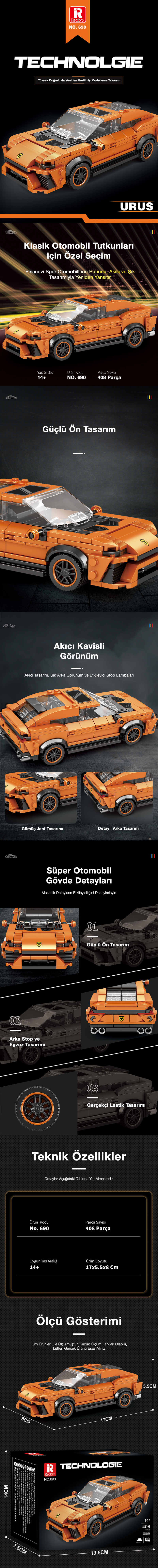 Reobrix Sports Car Lamborghini Urus 690 Brick Yapım Seti