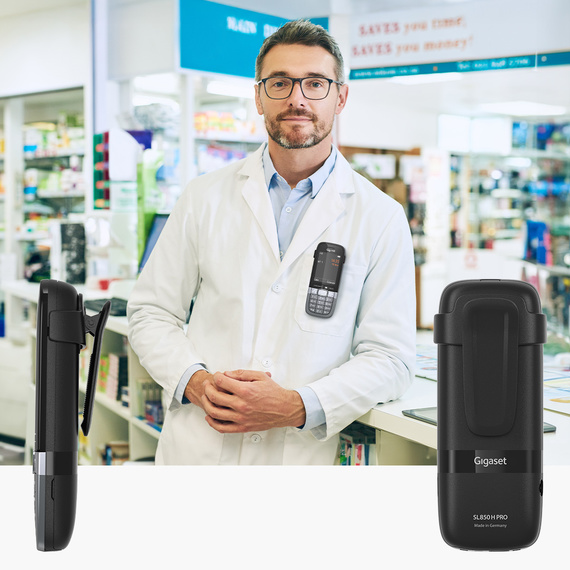 gigaset sl850h pro profesyonel kemer klipsi ile kullanımda