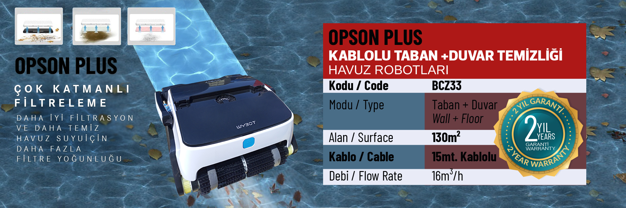 Kablolu Havuz Taban + Duvar Temizlik Robotu