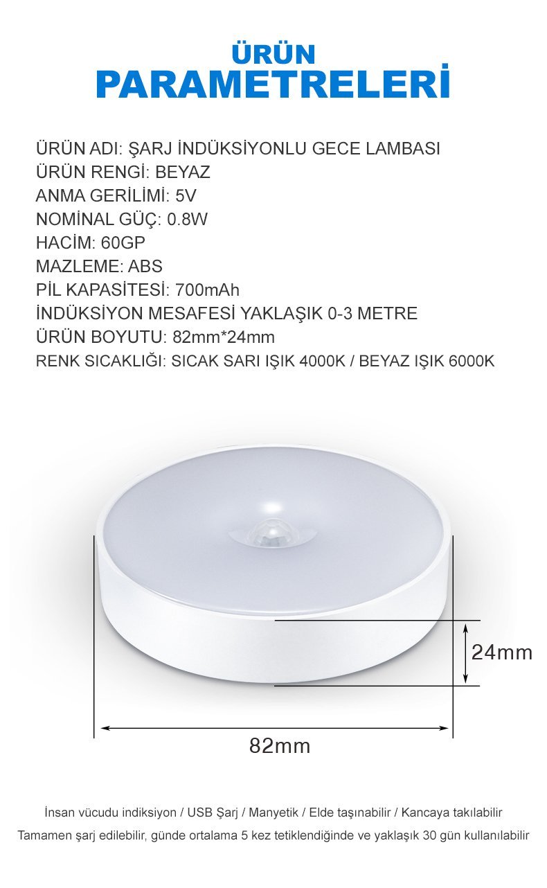  MX-W002 Kızılötesi Hareket Sensörlü USB Şarjlı Beyaz İndiksiyon Gece Lambası İçerik