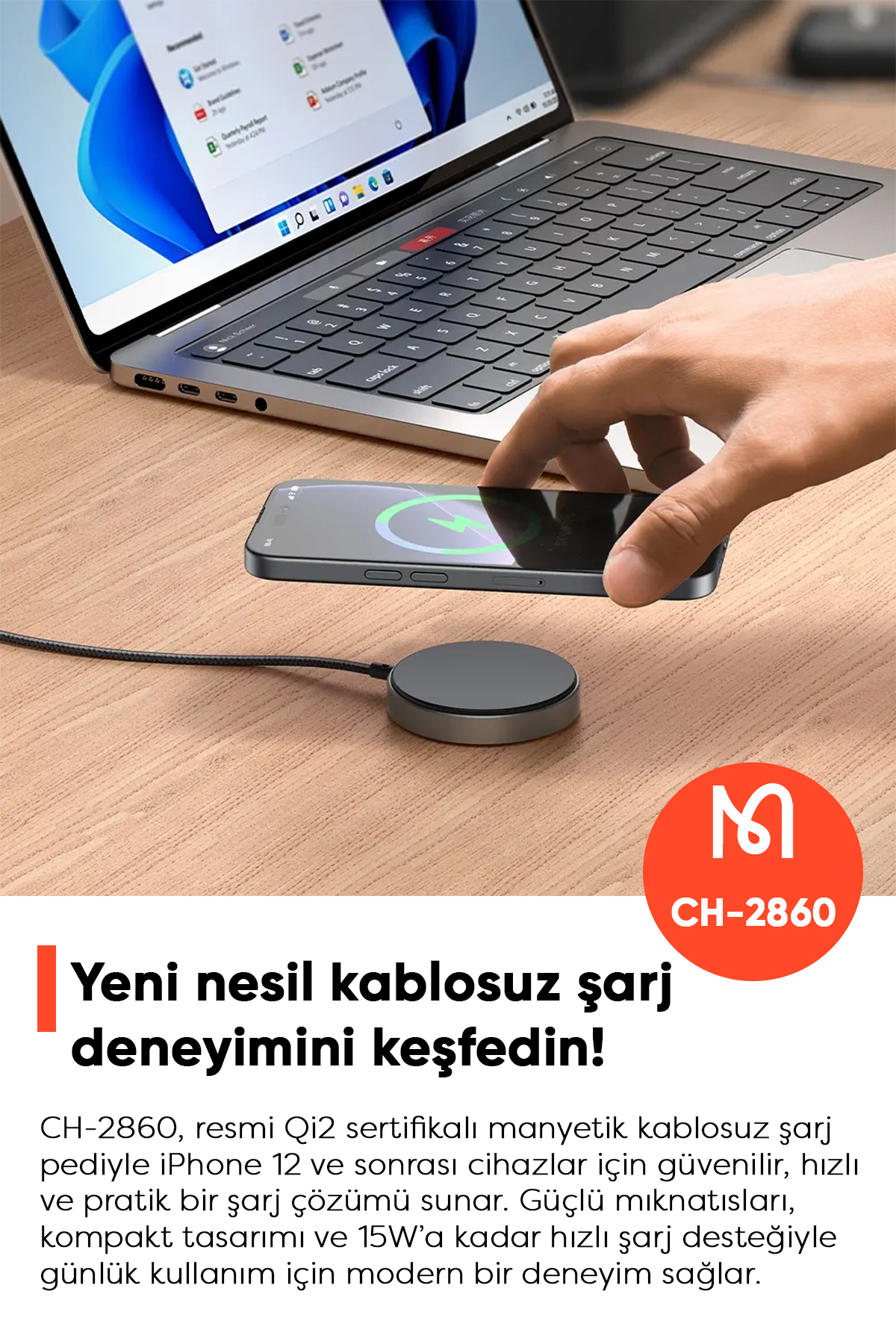 CH-2860 15W MagQ Qi2 Masaüstü kablosuz şarj cihazı - Gri Afişi