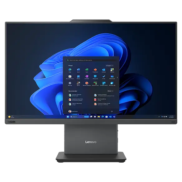 Lenovo ThinkCentre Neo 50a Gen 5 24 inç Intel monitör – yakın çekim, önden görünüm, mavi grafik arka planda Windows menüsünü gösteriyor