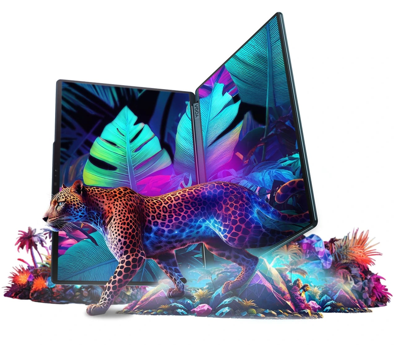 A leopard and a colorful landscape spill from the displays of the Yoga Book 9i