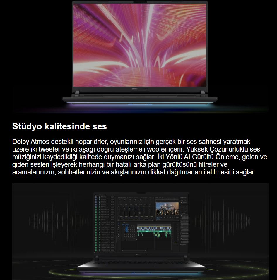 Siyah bir dizüstü bilgisayar, ekranında renkli bir grafik ve altta bir video düzenleme programı gösteriyor.