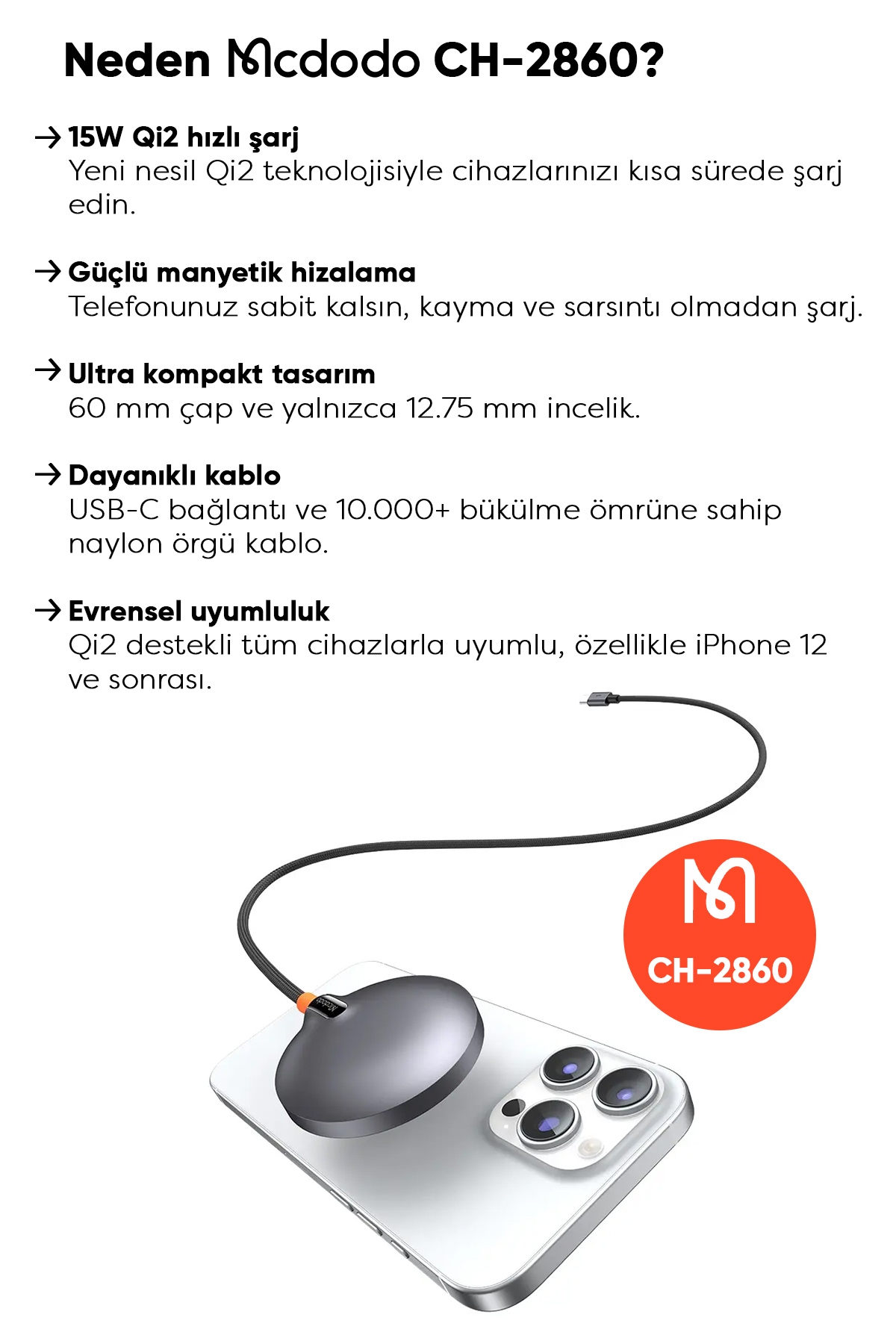CH-2860 15W MagQ Qi2 Masaüstü kablosuz şarj cihazı - Gri Afişi